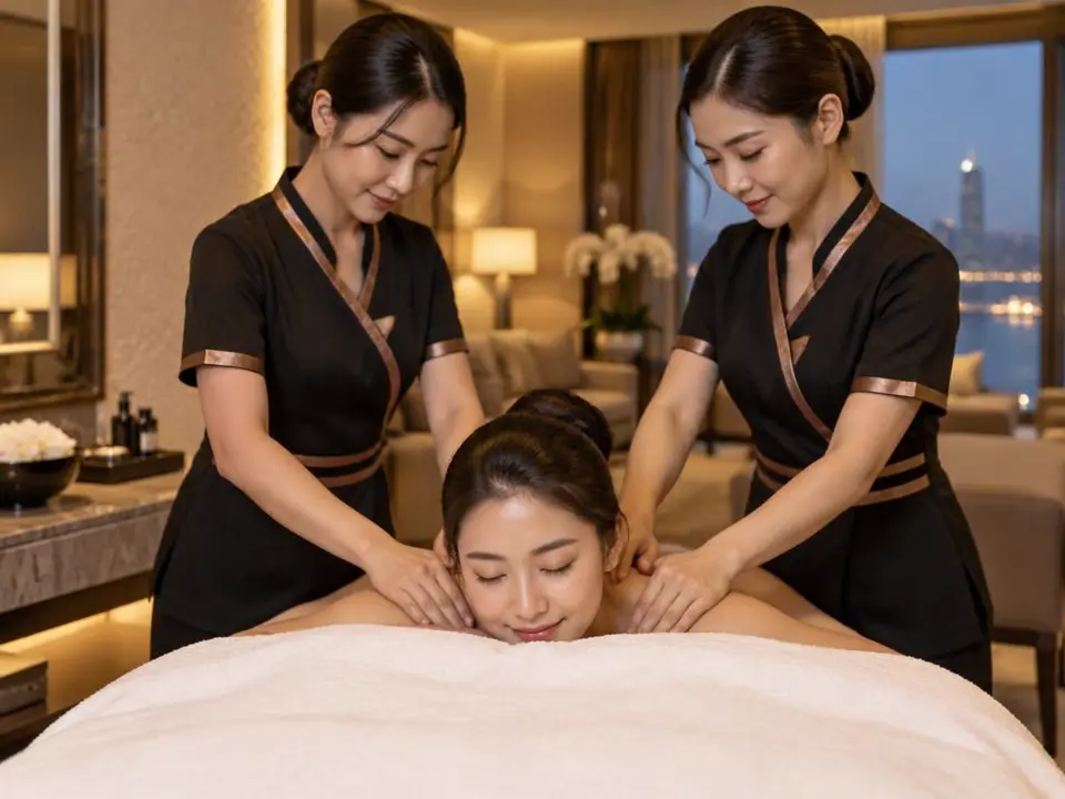 Two therapists giving a four hands massage in a Las Vegas hotel suite
