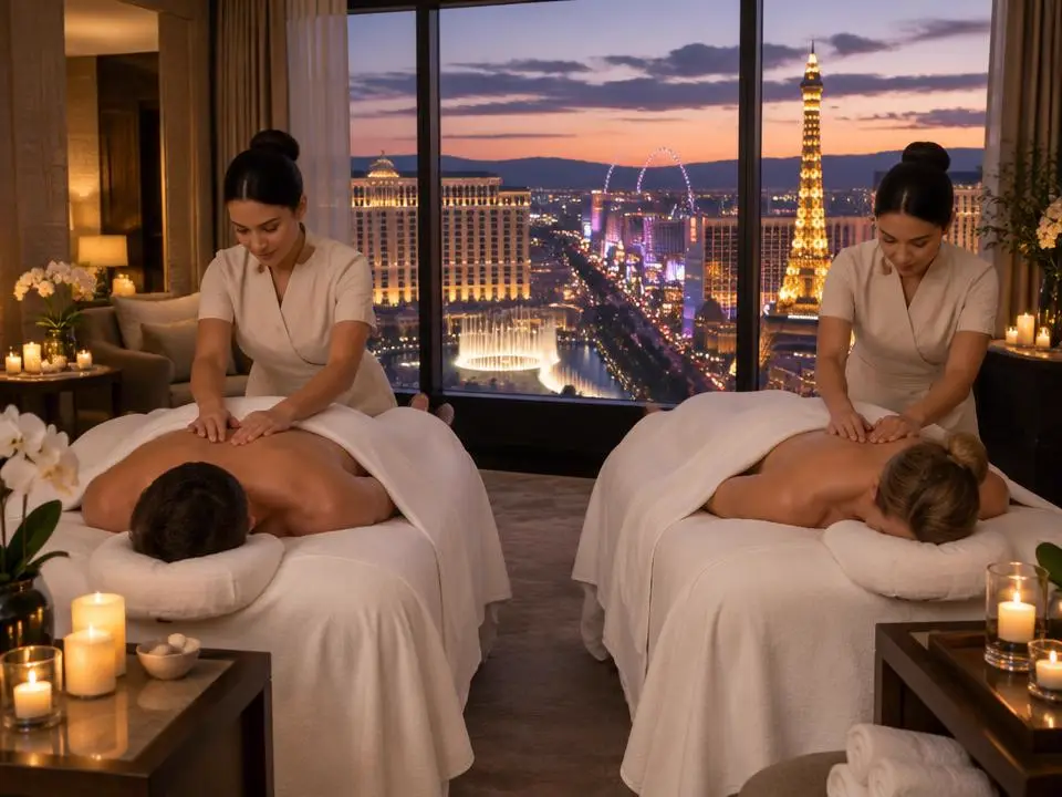 Couples massage with two therapists in a Las Vegas Strip hotel suite