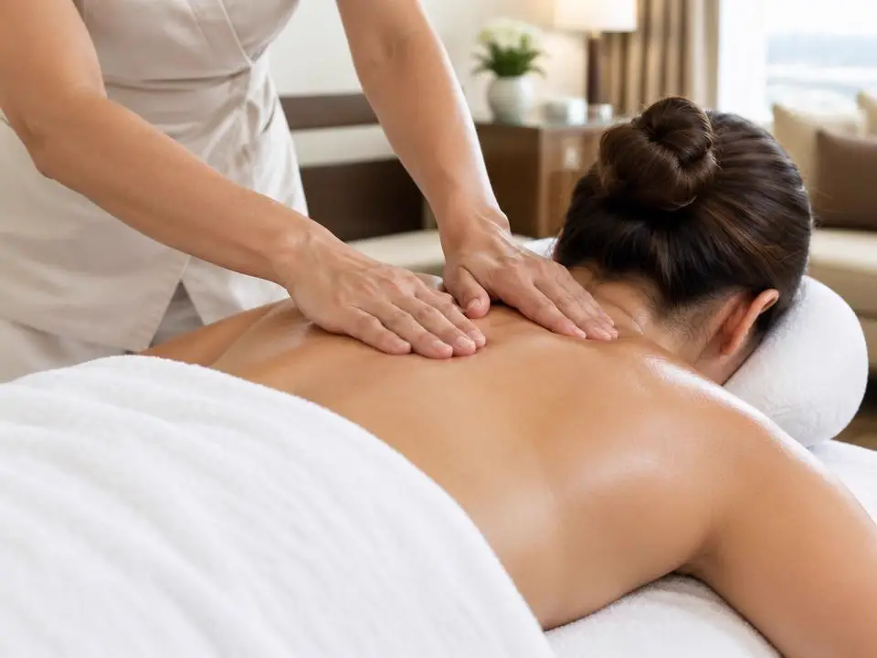 Therapist performing deep tissue therapeutic massage on upper back in Las Vegas