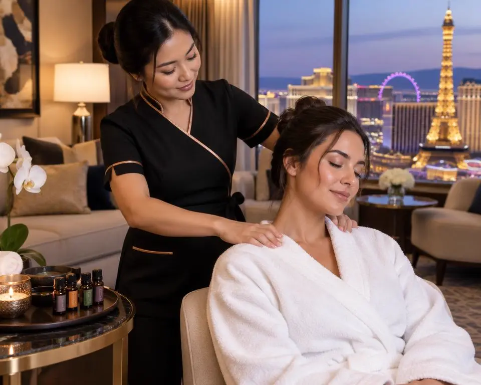 Emi Sato giving an aromatherapy shoulder massage in a Strip hotel suite