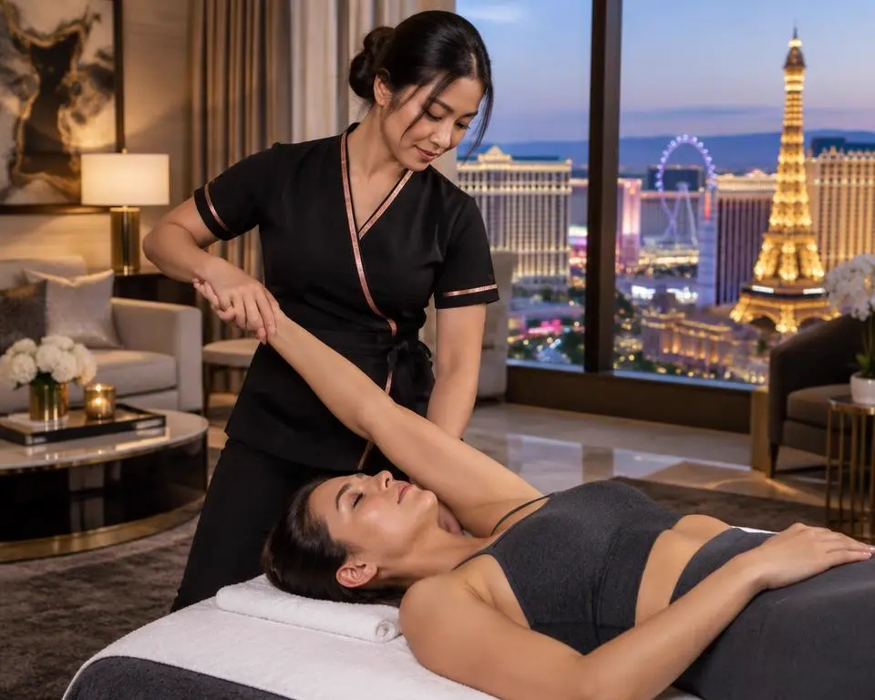 Grace Wong performing assisted stretching in a Las Vegas hotel suite