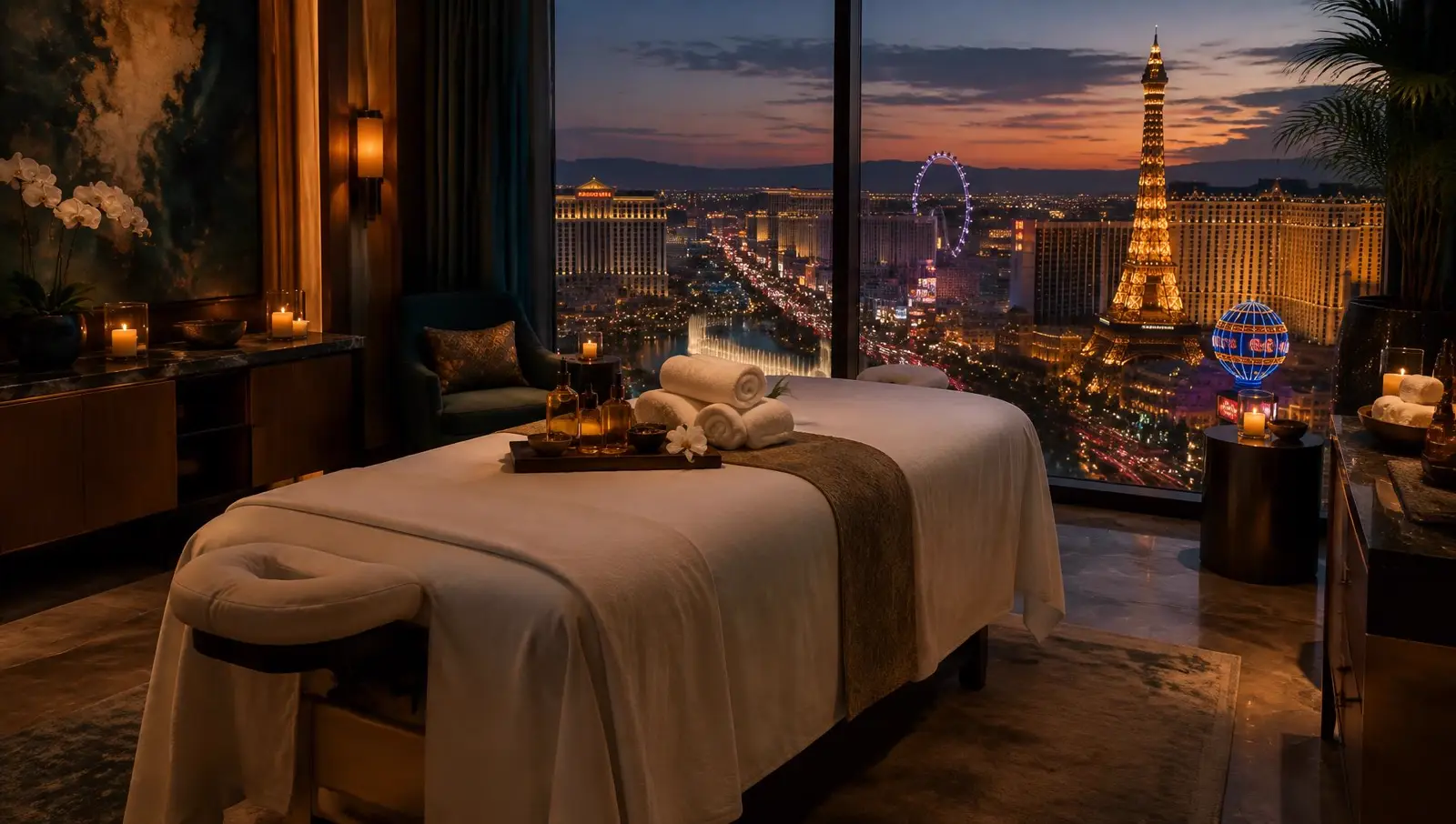 In-room massage Las Vegas Strip hotel suite In-room massage in a Las Vegas hotel suite overlooking the Strip