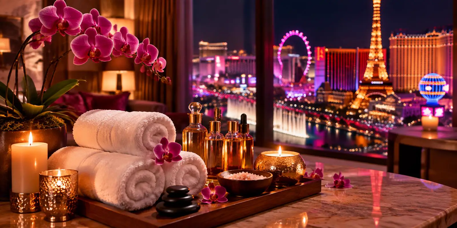 Turn Your Hotel Suite Into a Private Spa In-room massage setup in a Las Vegas Strip hotel suite with rolled spa towels, lit candles and pink orchids beside a window overlooking the Strip at night