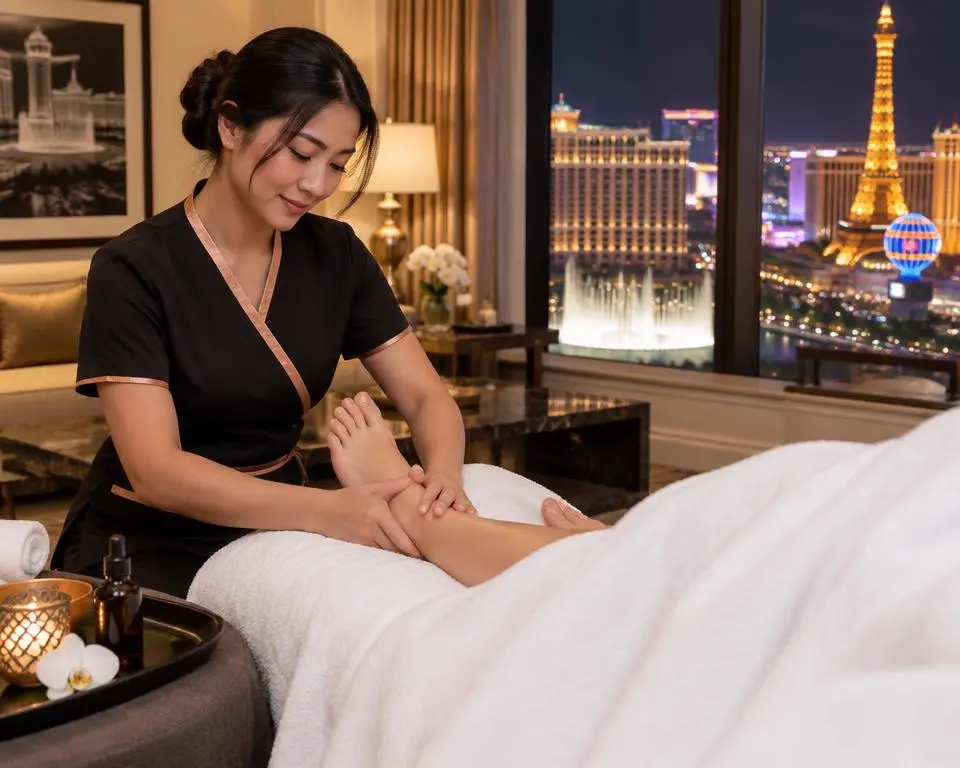 Nina Somchai giving a foot reflexology massage in a Las Vegas hotel suite