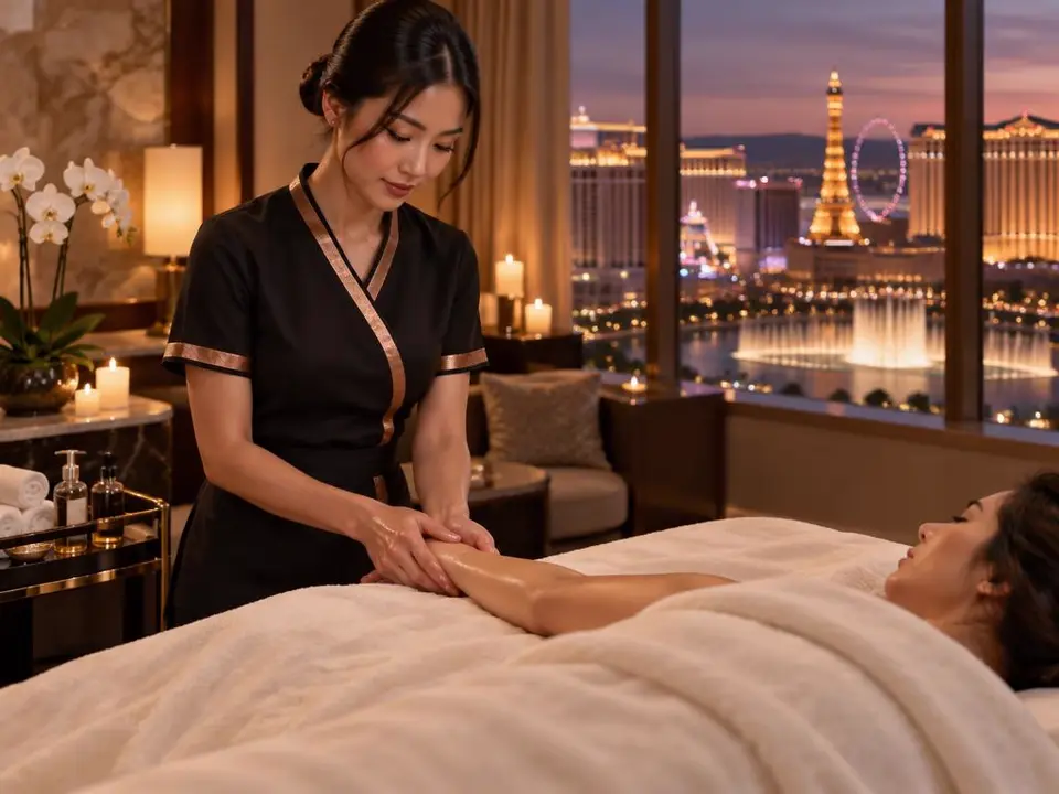 Nuru Signature Relaxation in Las Vegas Therapist giving a Nuru Signature Relaxation massage to a draped guest in a Las Vegas Strip hotel suite