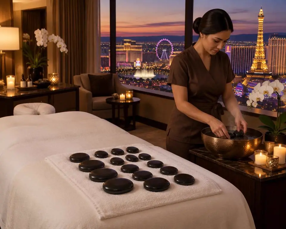 Sophie Chen giving hot stone massage in a Strip hotel suite