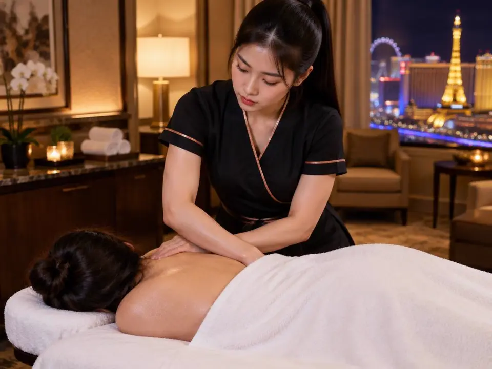 Sports & Recovery Massage in Las Vegas Sports recovery massage with forearm pressure in a Las Vegas hotel room